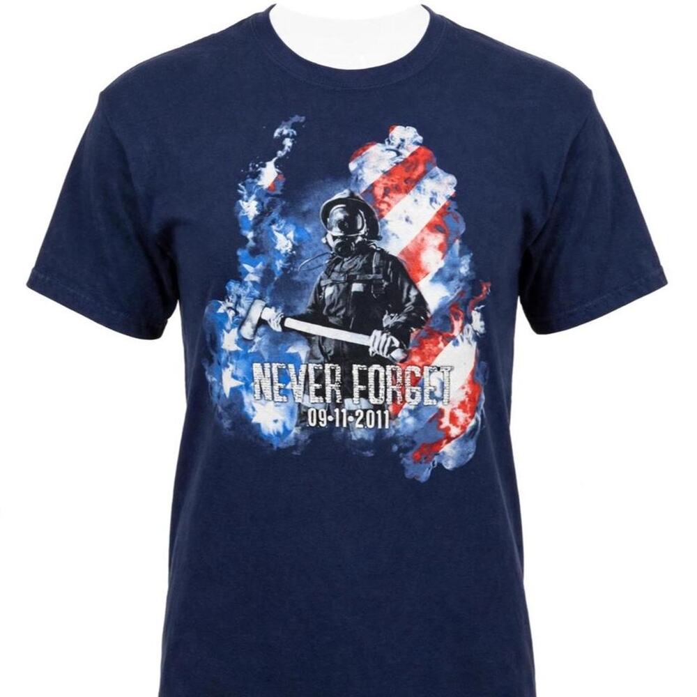 911 T-Shirt Never Forget 09-11-2011 Firefighter American Flag Navy